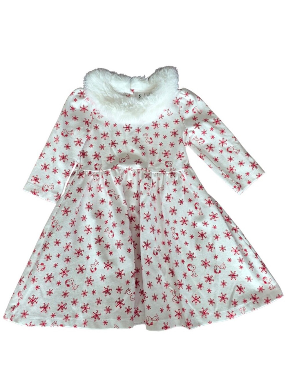 Janie & Jack Peanuts White Dress w/ Red Snowflake/Snoopy Print & Faux Fur Collar